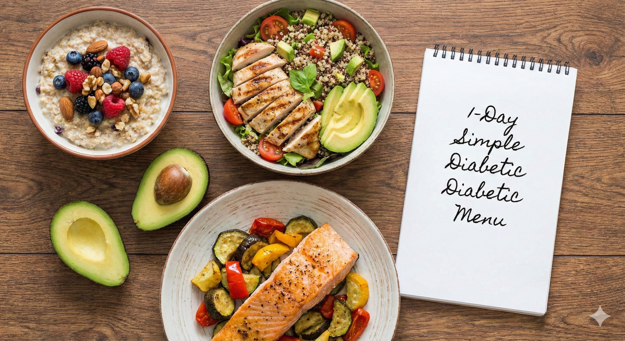 Table setting with healthy diabetic friendly food including vegetables and lean protein