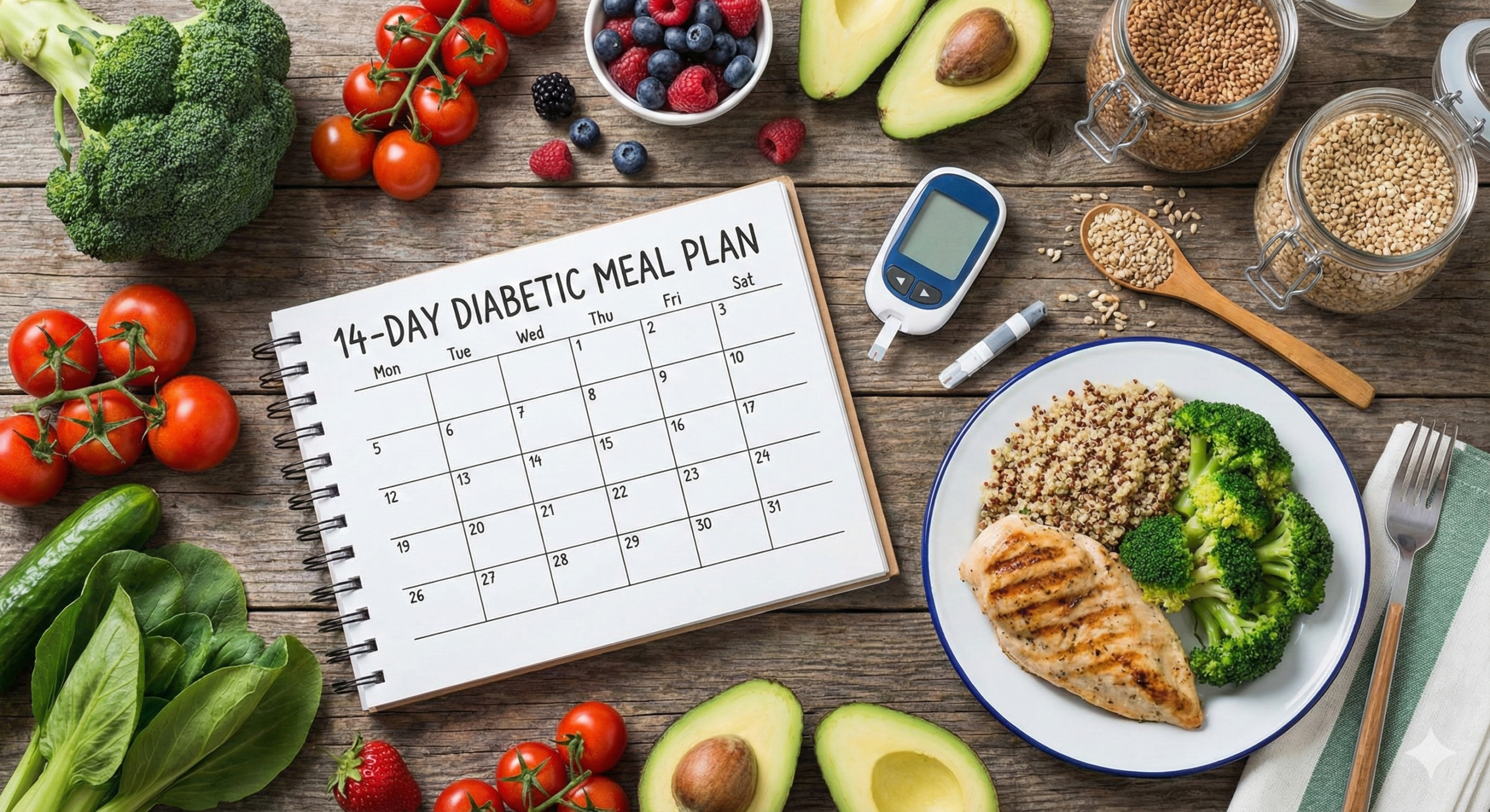 Table full of healthy diabetic friendly meals for a 14 day plan