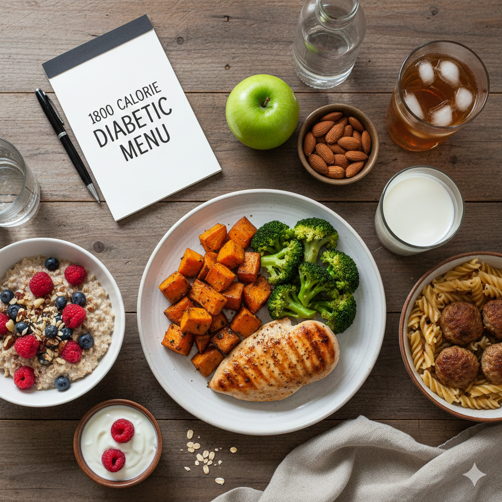 Healthy 1800 calorie diabetic meal plan spread with lean proteins and grains