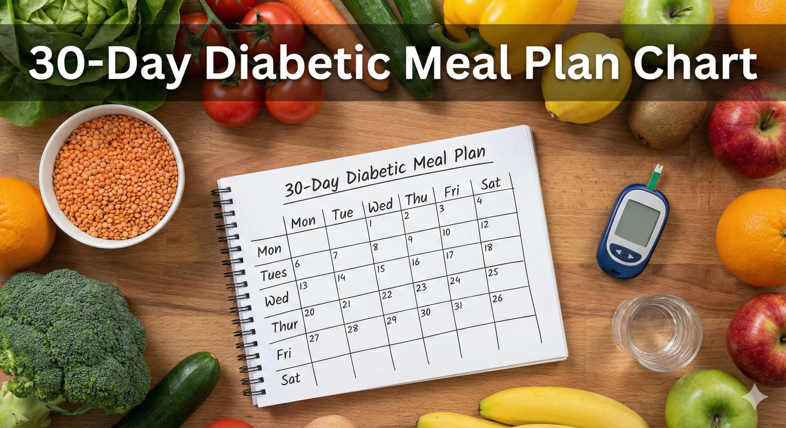 A healthy table setting with a monthly calendar and diabetic friendly food