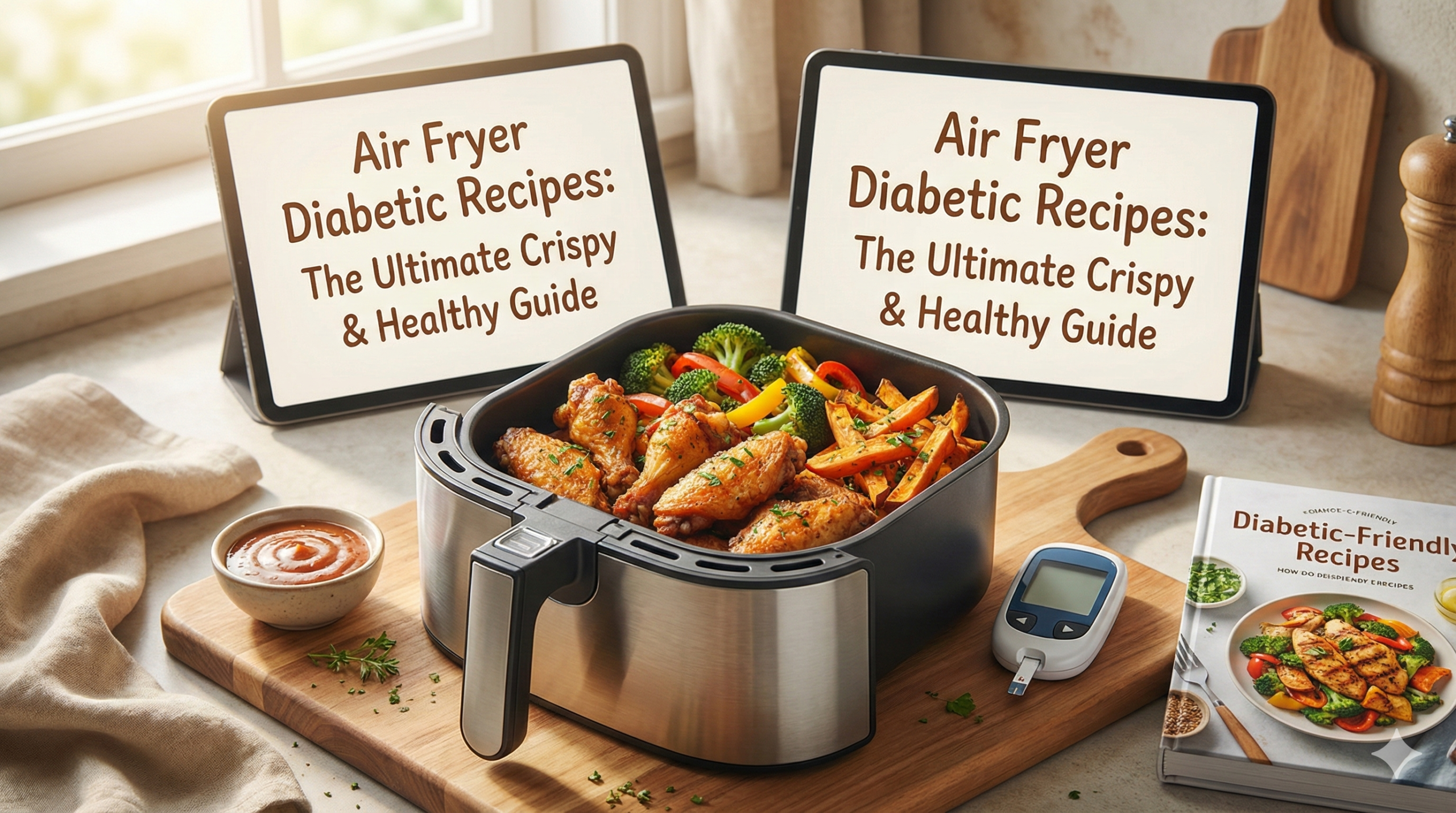 Air Fryer Diabetic Recipes spread with vegetables and salmon