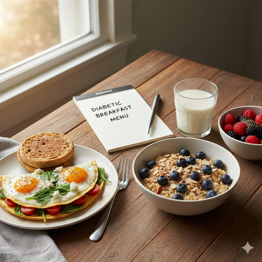Healthy diabetic breakfast with eggs, avocado, and berries