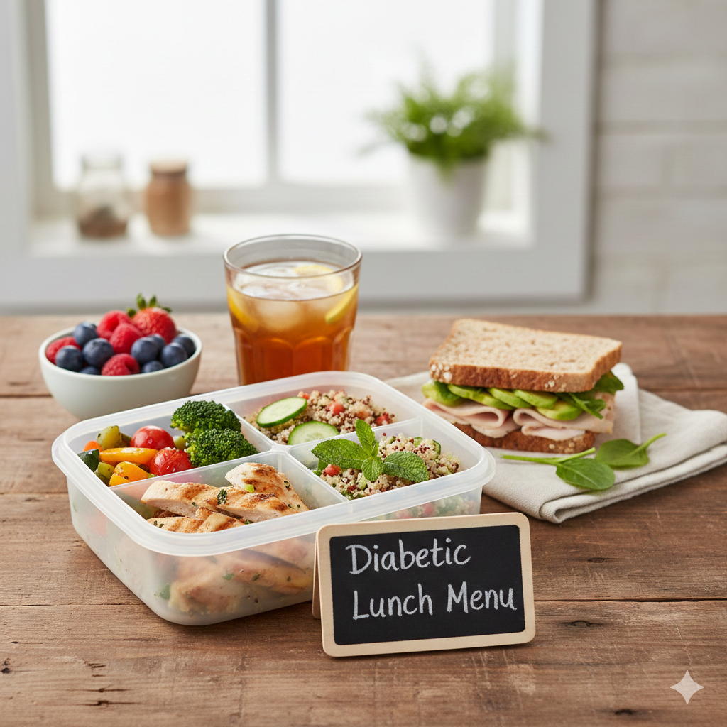 Healthy diabetic lunch bowl with grilled chicken, avocado, and quinoa