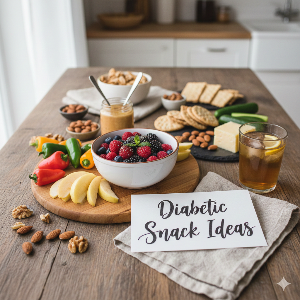 Variety of healthy diabetic friendly snacks including nuts, berries, and yogurt