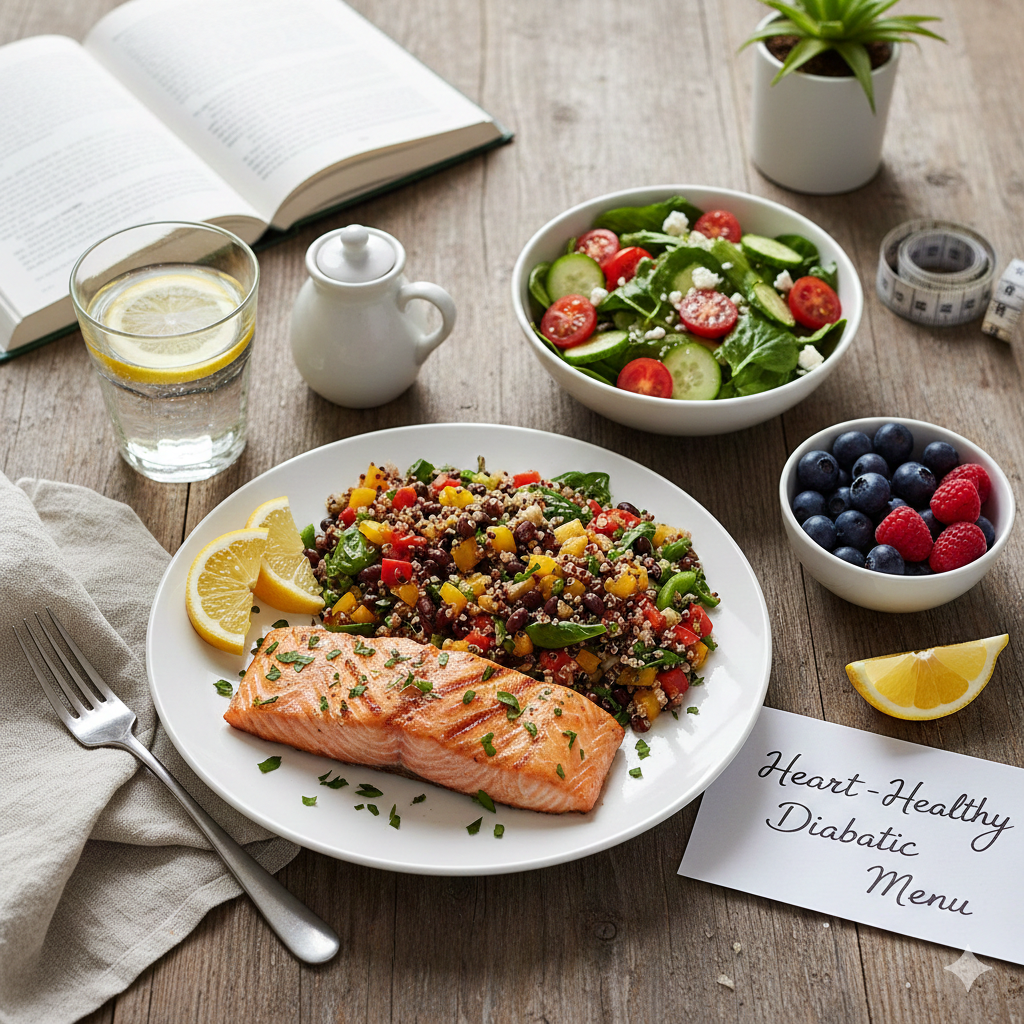 Fresh salmon, avocados, and leafy greens on a wooden table