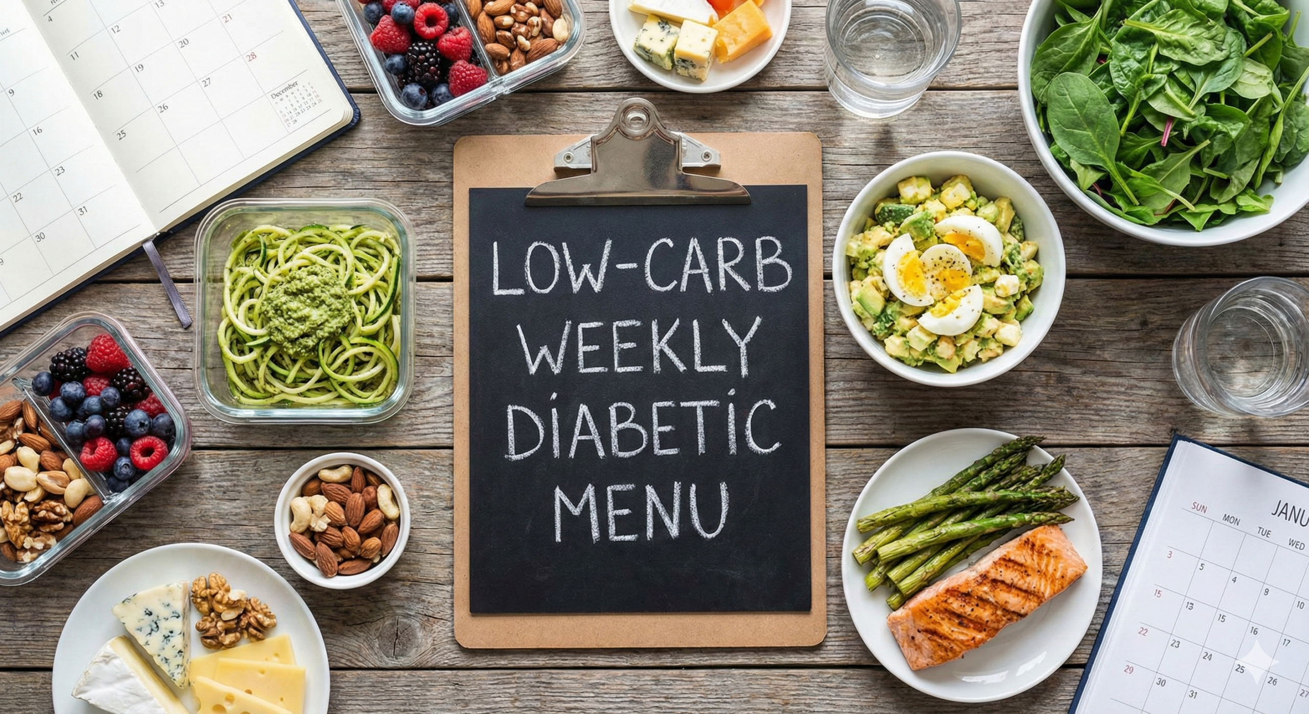 Table filled with low carb healthy foods like salmon avocado and leafy greens