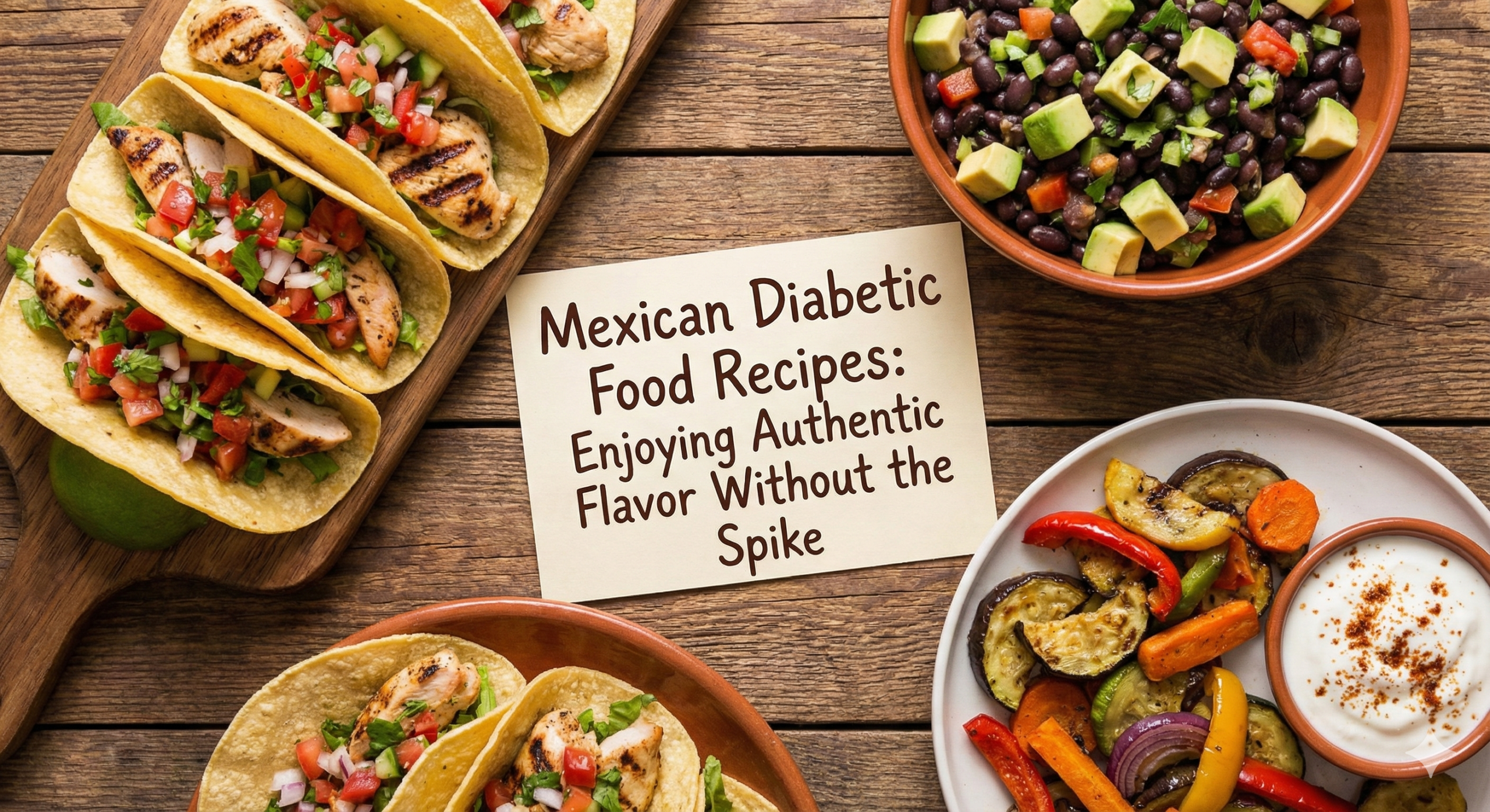 Healthy Mexican diabetic food recipes spread with grilled meats fresh salsa and avocado