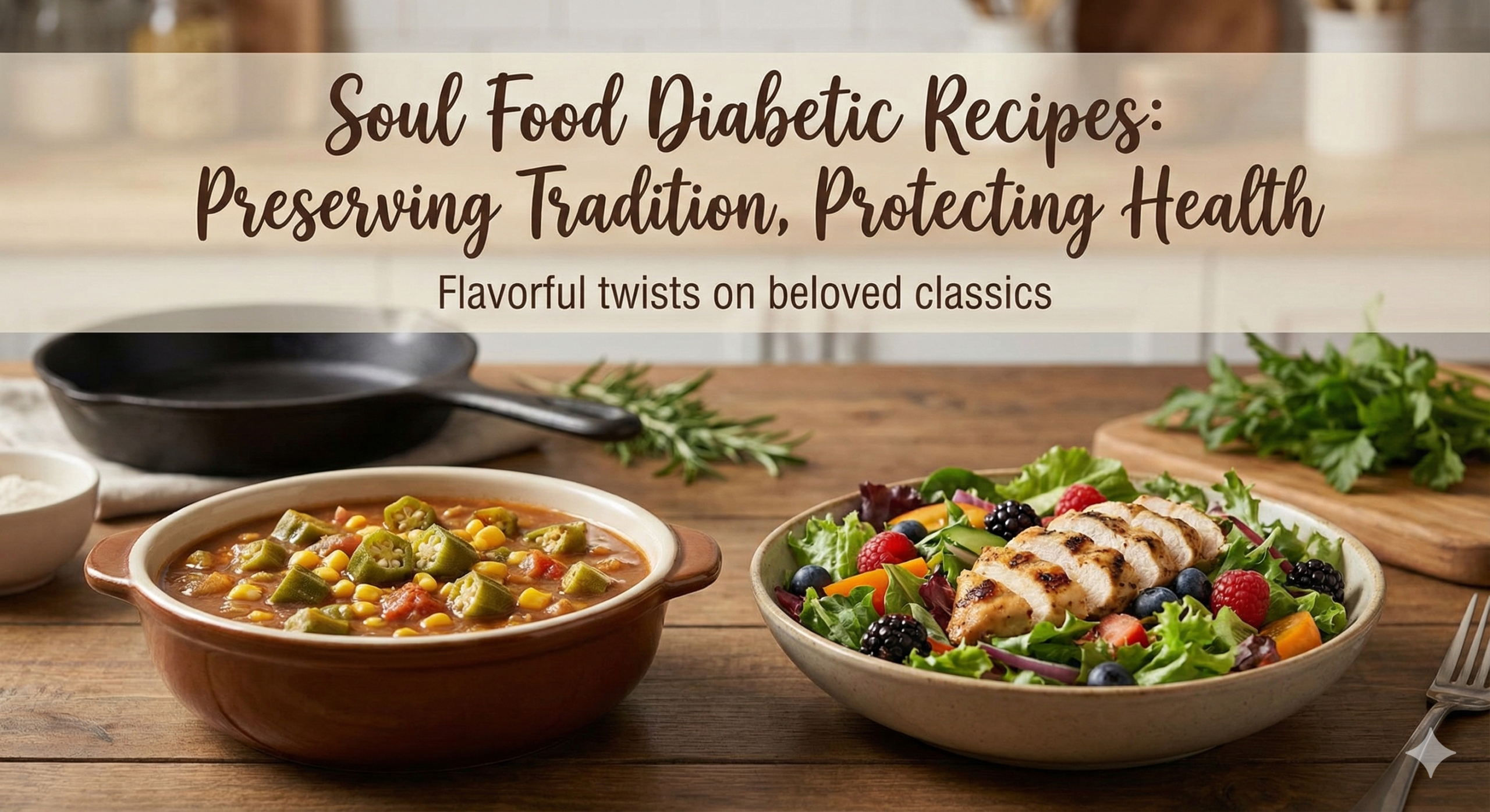 Spread of healthy soul food including greens baked chicken and sweet potatoes