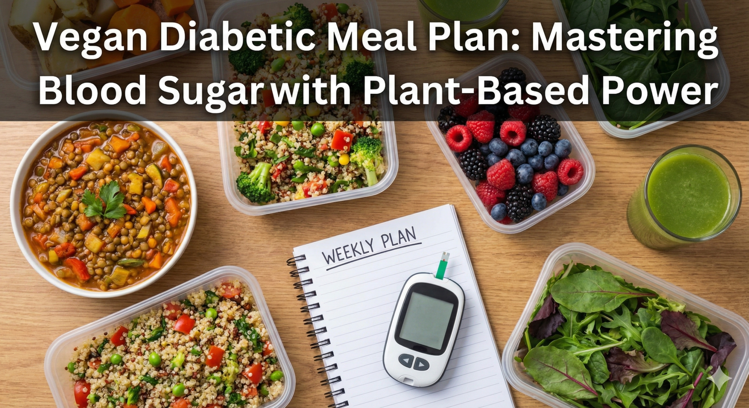 Colorful vegan diabetic meal plan spread with lentils vegetables and whole grains