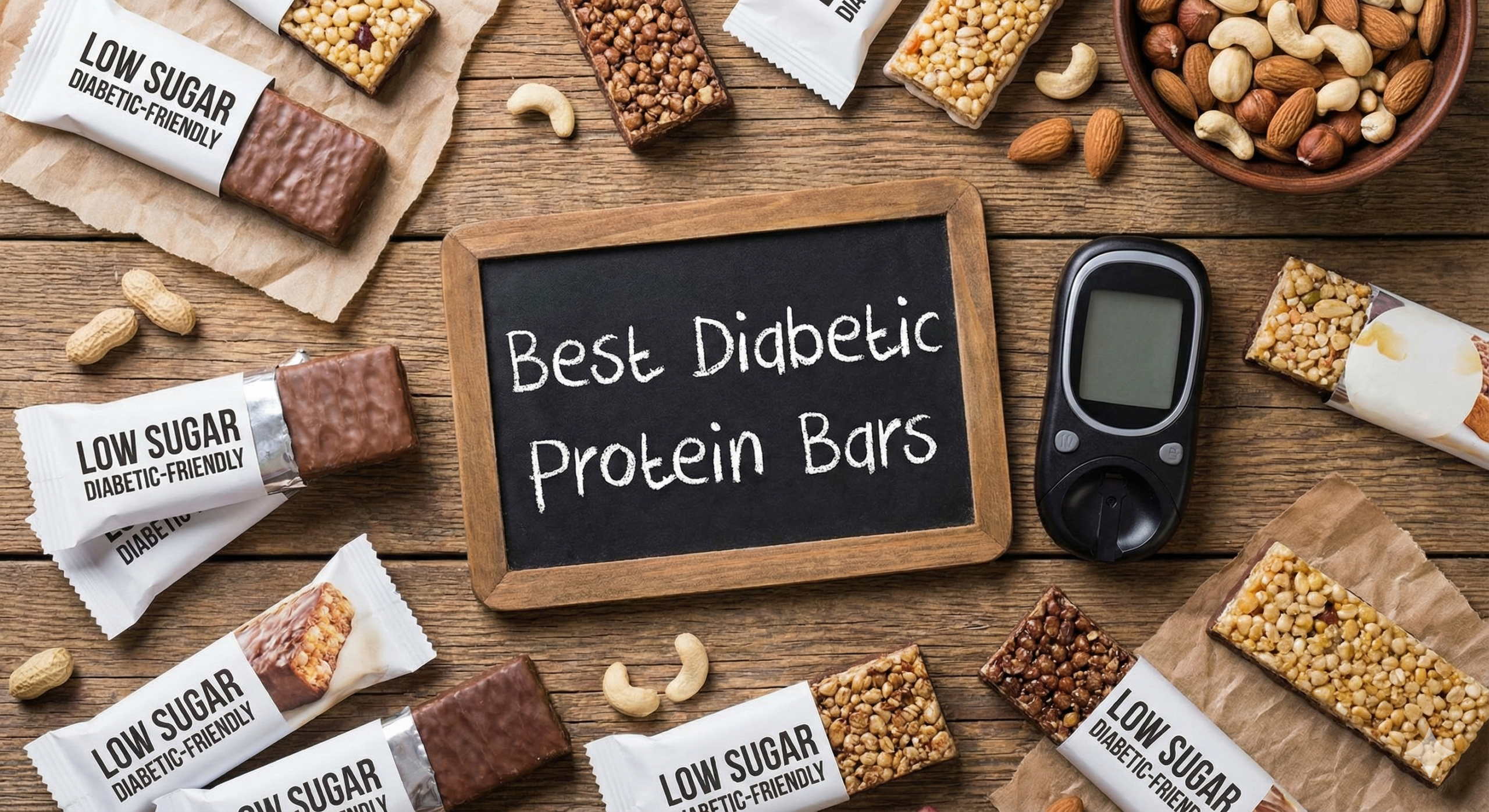 Variety of low-sugar protein bars with nuts and dark chocolate on a wooden table