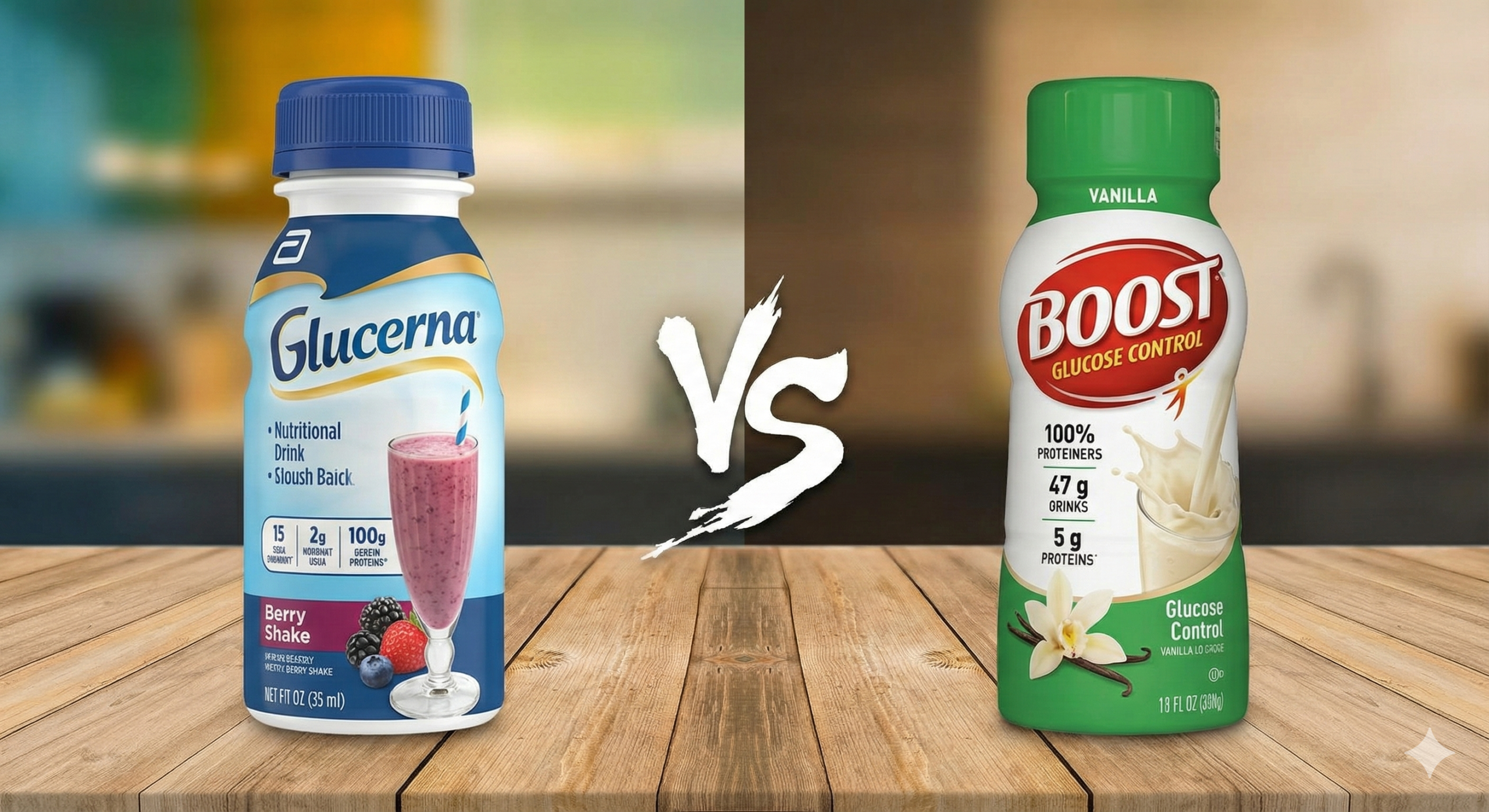 Comparison of Glucerna and Boost Glucose Control shakes on a kitchen counter