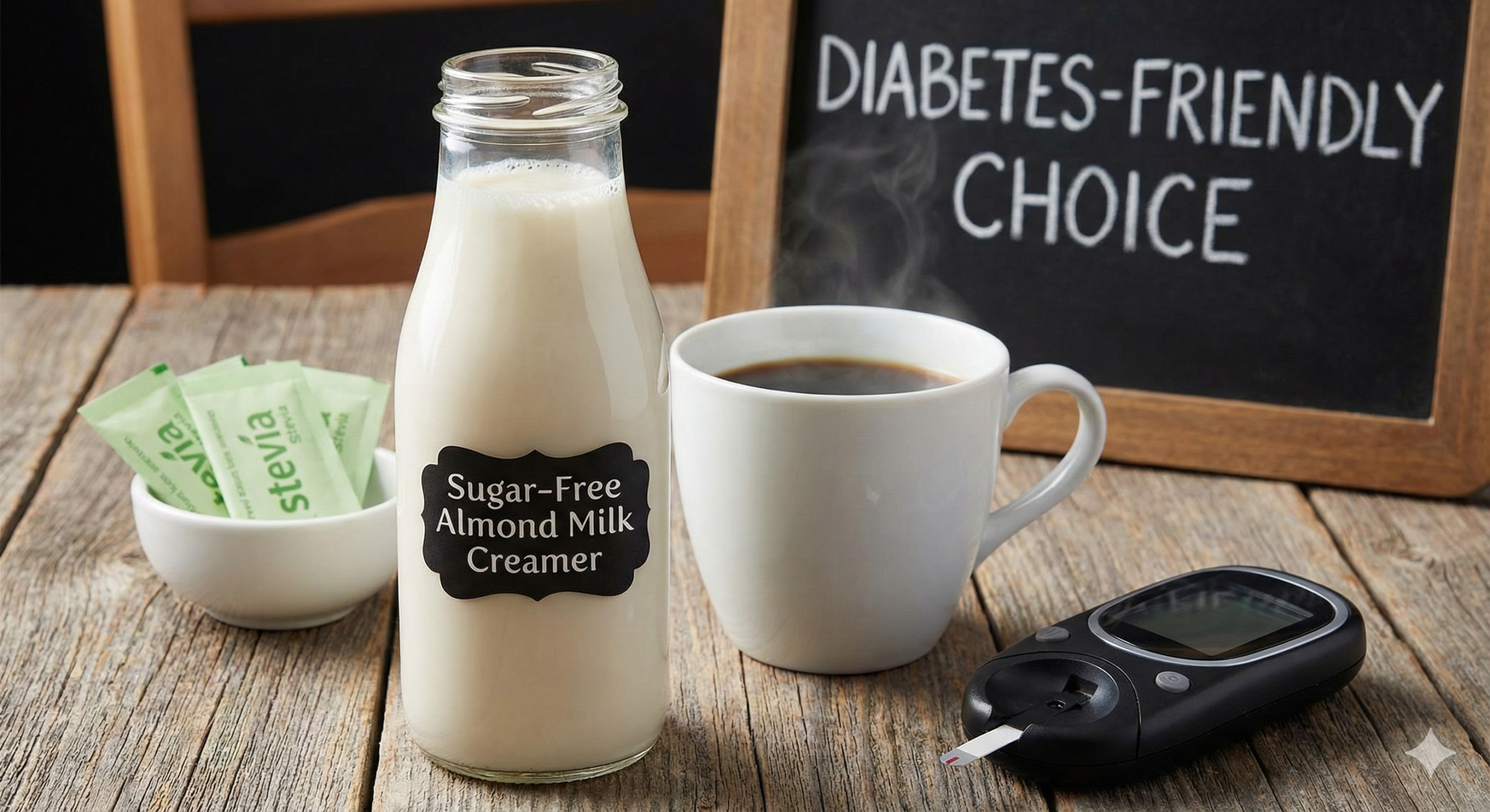 Pouring healthy creamer into coffee with almonds and coconut on the table