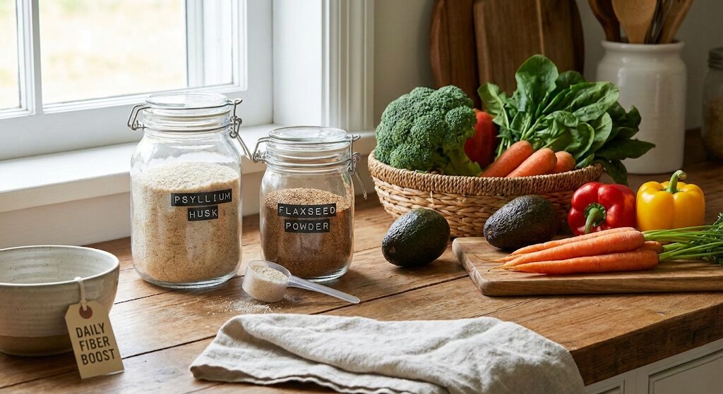 Healthy fiber supplements and fresh vegetables on a kitchen counter