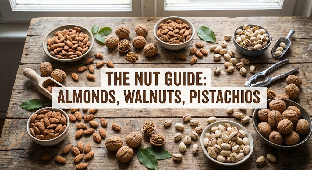 Assortment of almonds, walnuts, and pistachios on a wooden table