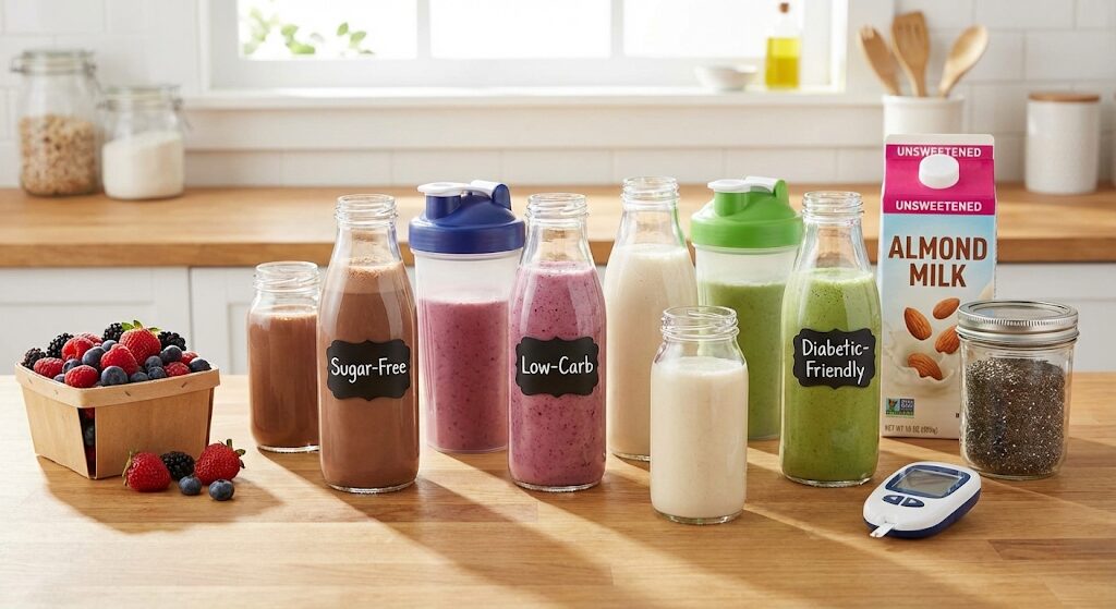 Variety of protein shakes on a kitchen counter suited for diabetics